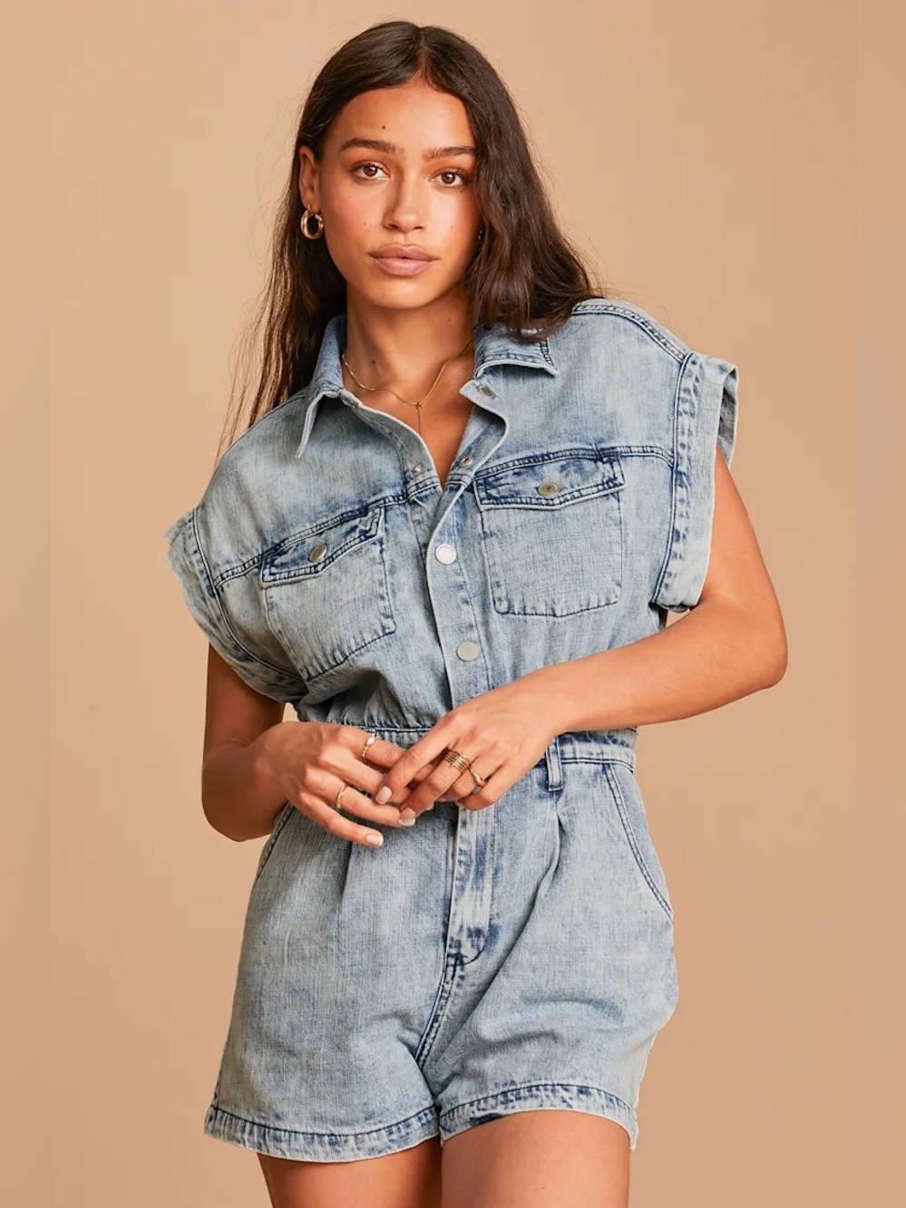 Blank NYC Light Wash Denim Short Sleeve Romper